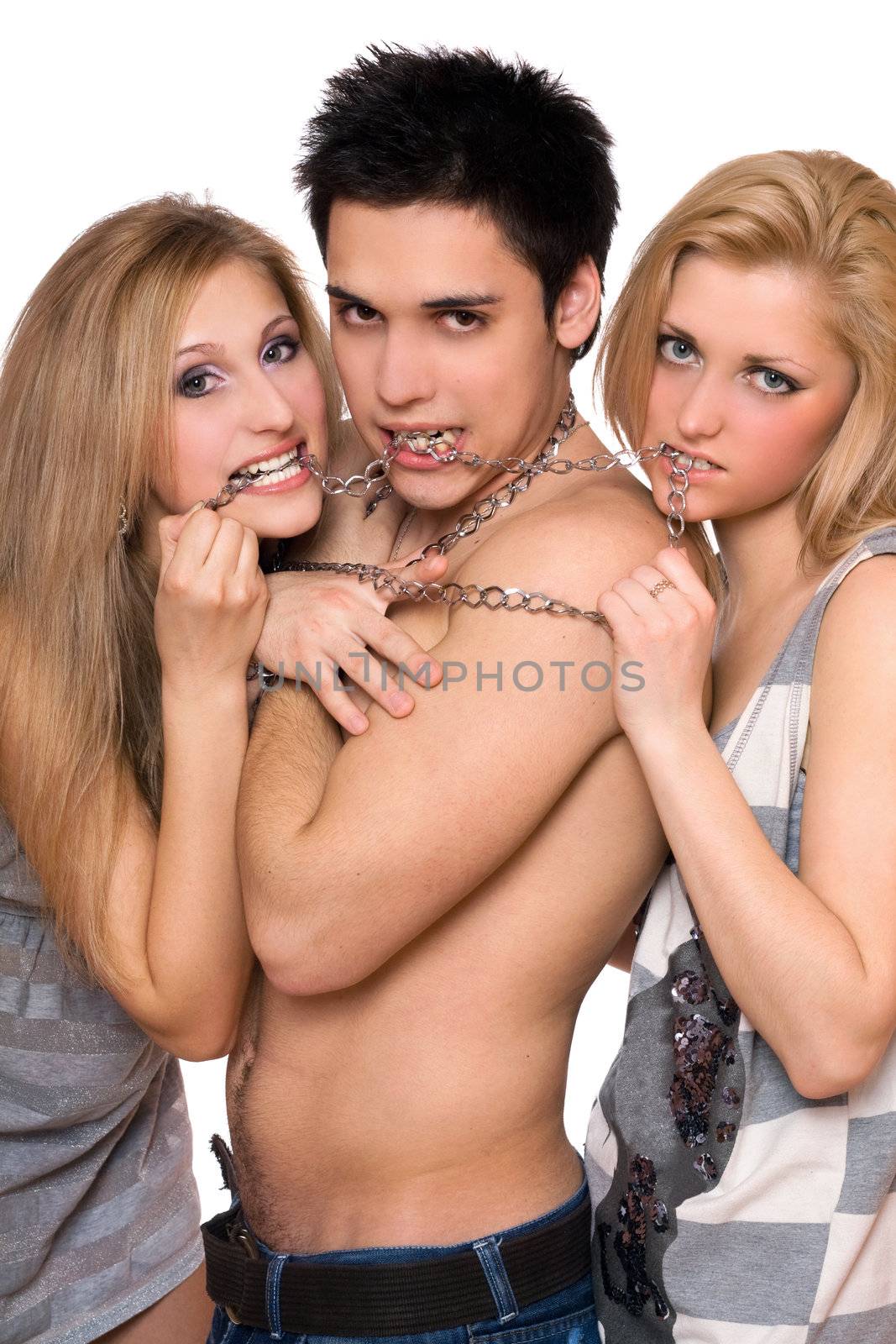 Two pretty girls and a guy in chains