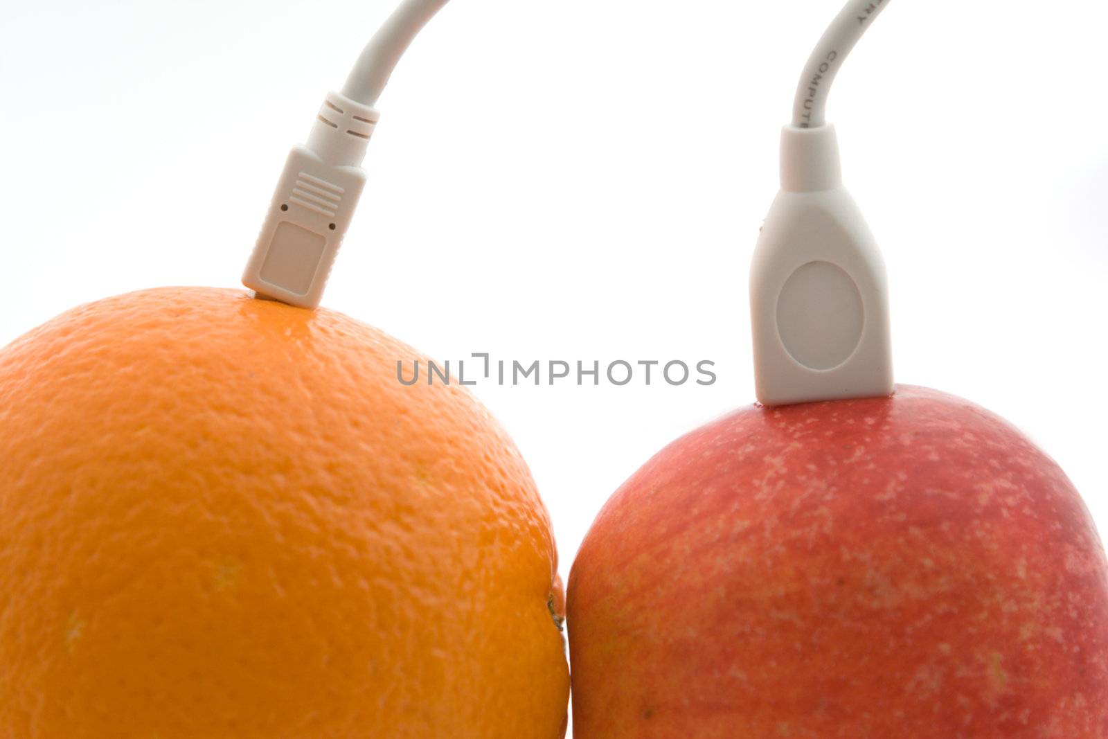 The orange and apple are connected through a cable 3