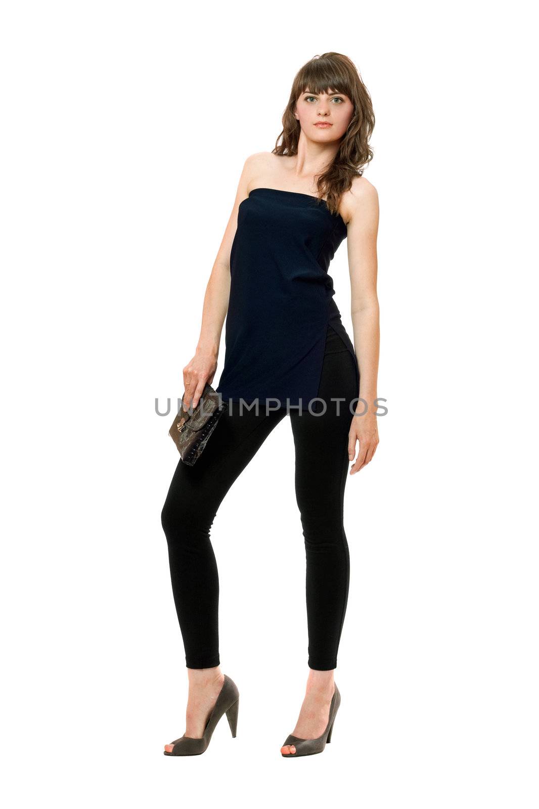 Nice young woman in black leggings with a handbag