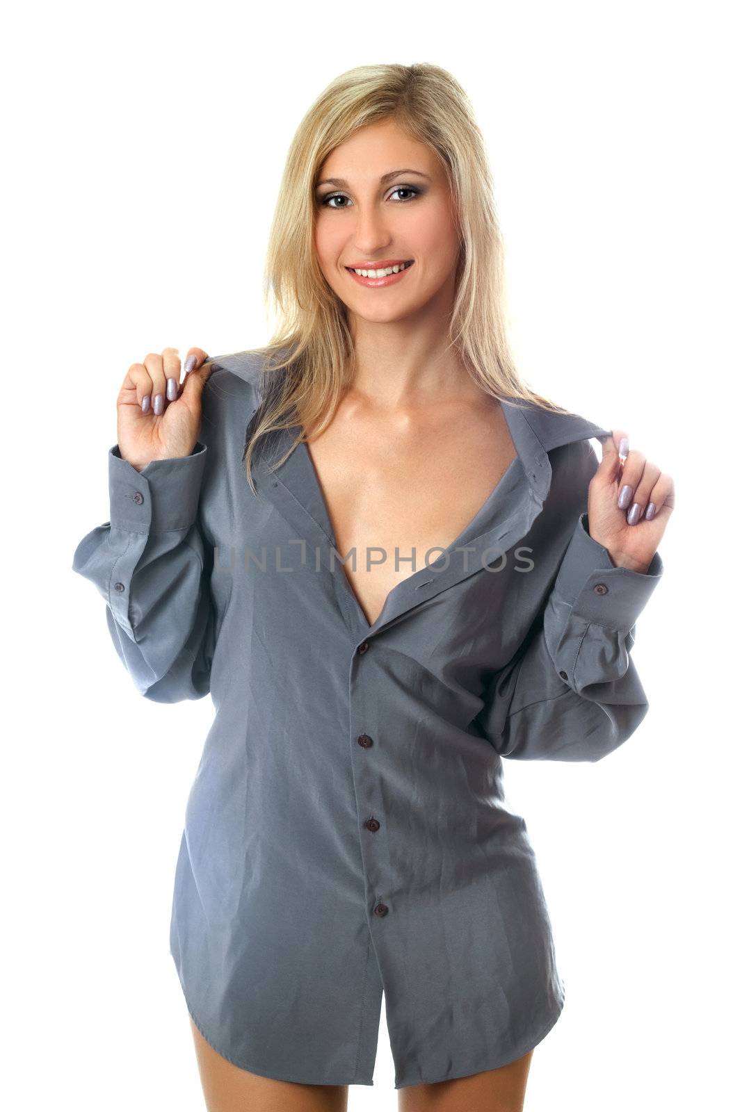 Portrait of playful young woman in man's shirts