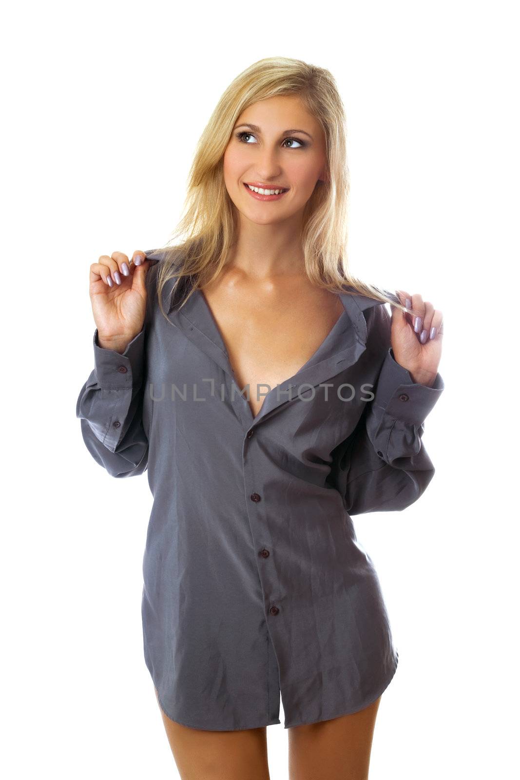 Portrait of smiling young woman in man's shirts