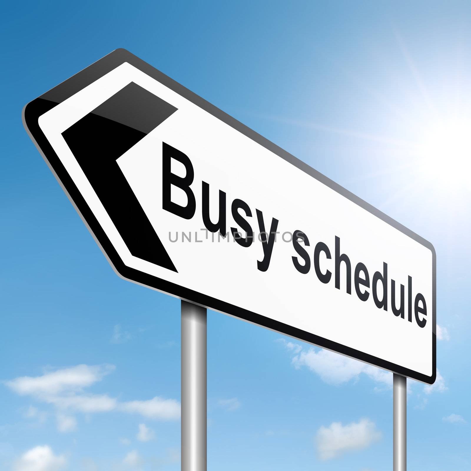 Illustration depicting a roadsign with a busy schedule concept. Sky background.
