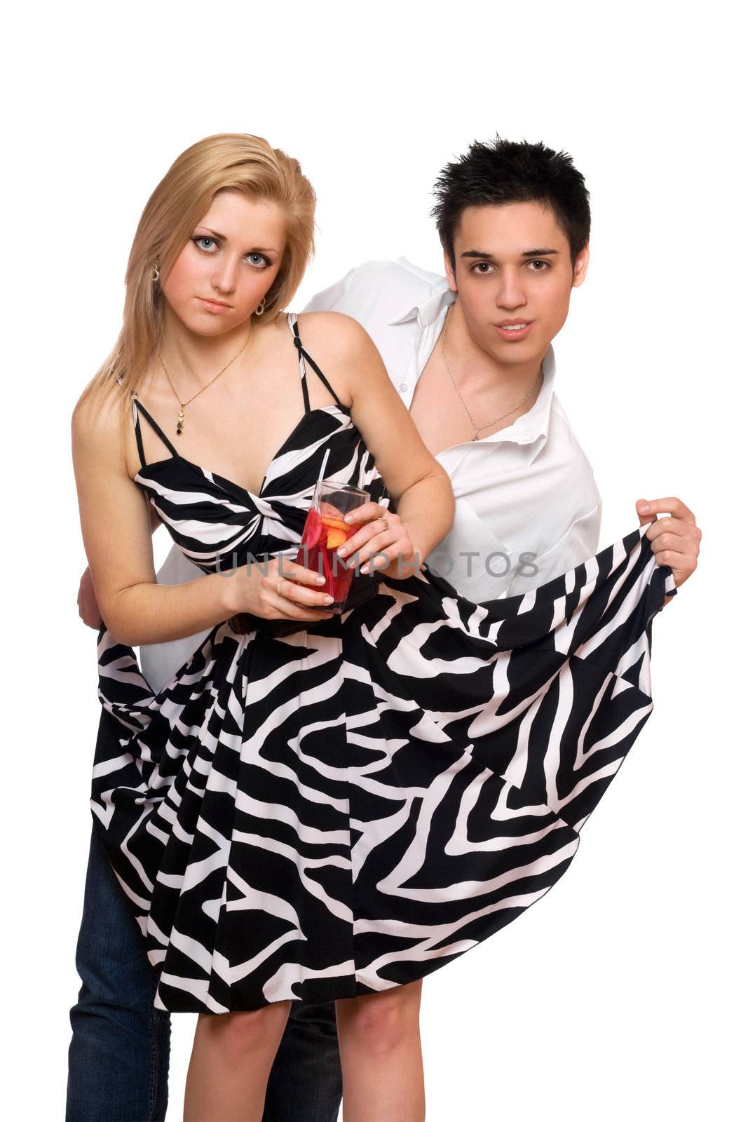 Young man and girl with cocktail. Isolated