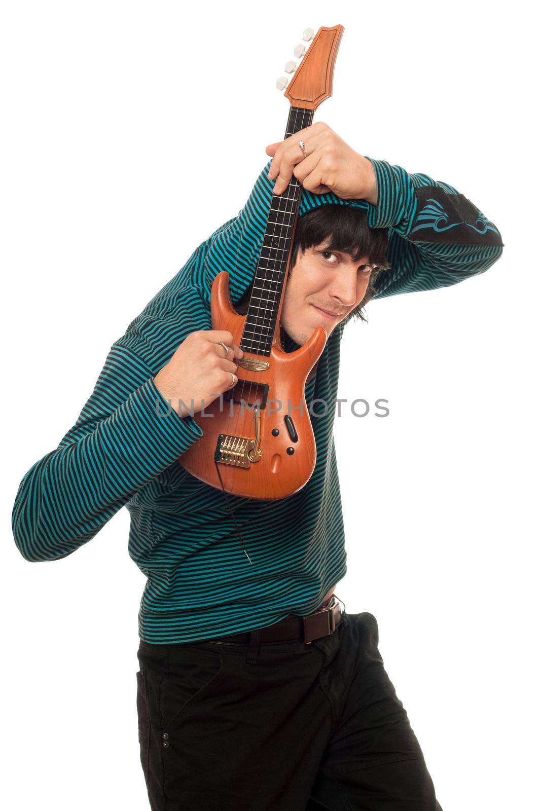 Eccentric young man with a little guitar