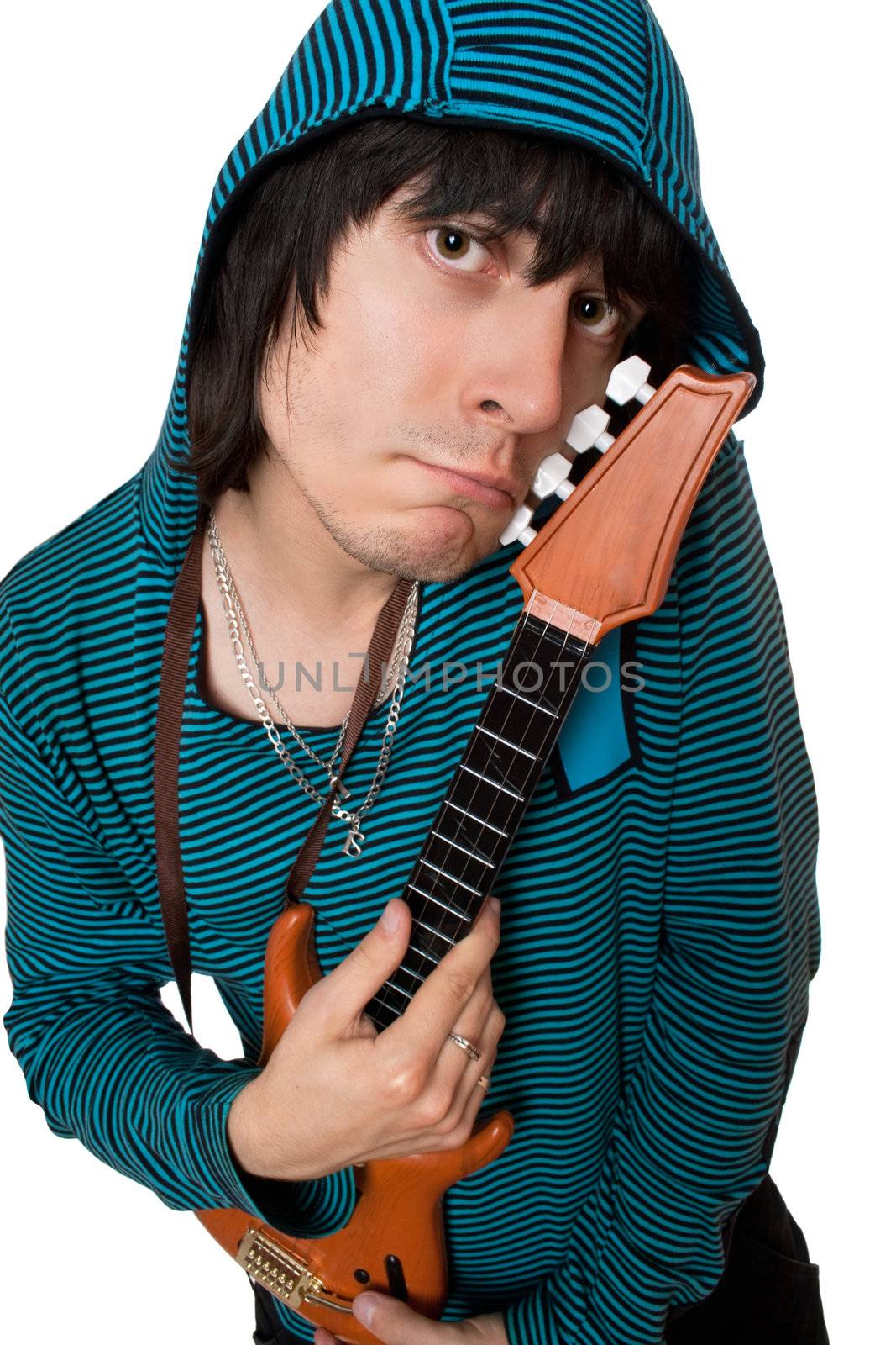 Bizarre young man with a little guitar. Isolated on white