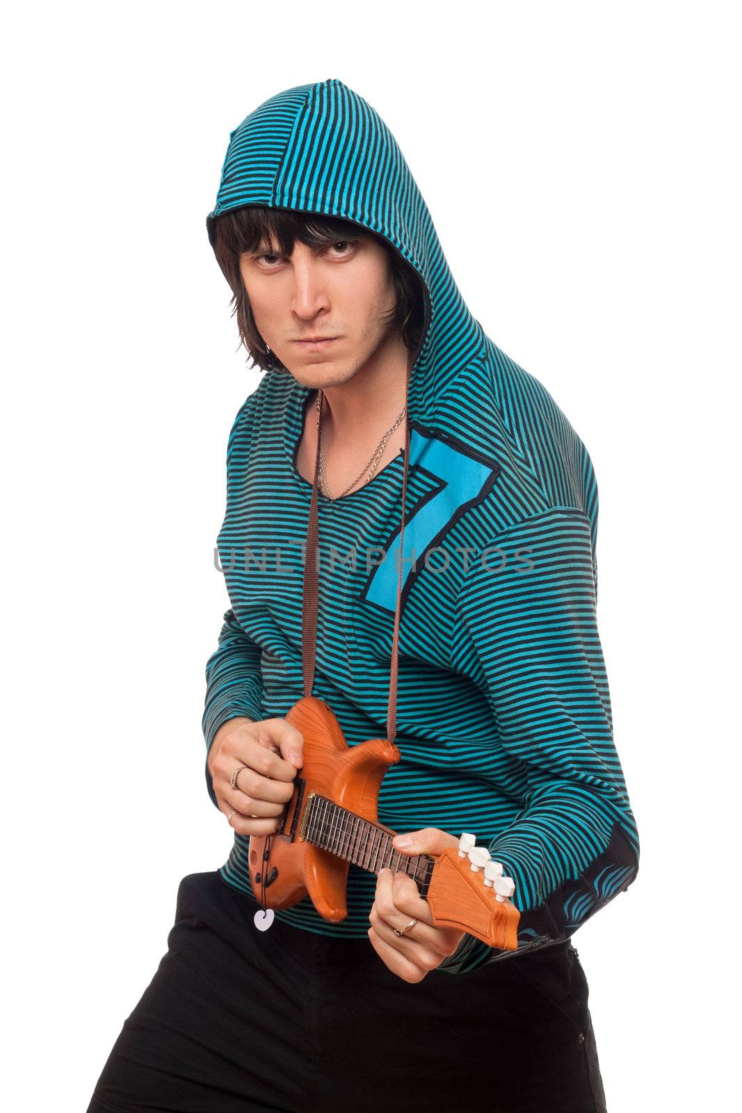 Bizarre man with a little guitar. Isolated by acidgrey