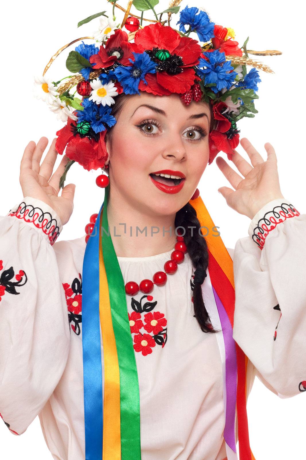 Portrait of happy woman in the Ukrainian national clothes