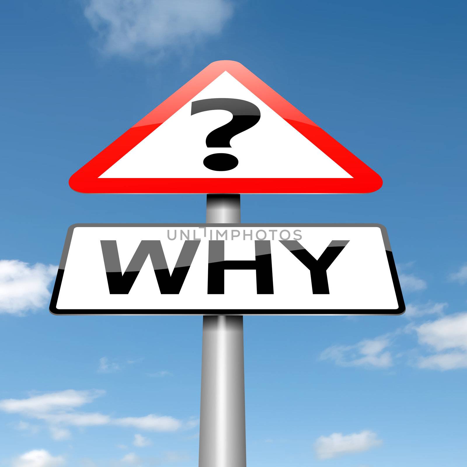 Illustration depicting a roadsign with a why concept. Sky background.