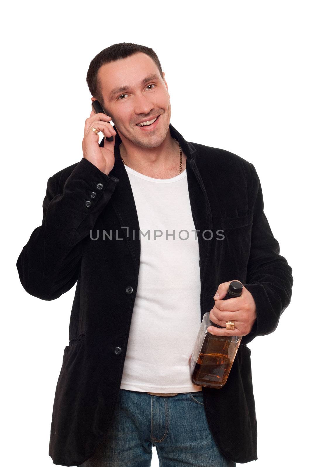 Smiling man with a phone and bottle of scotch by acidgrey