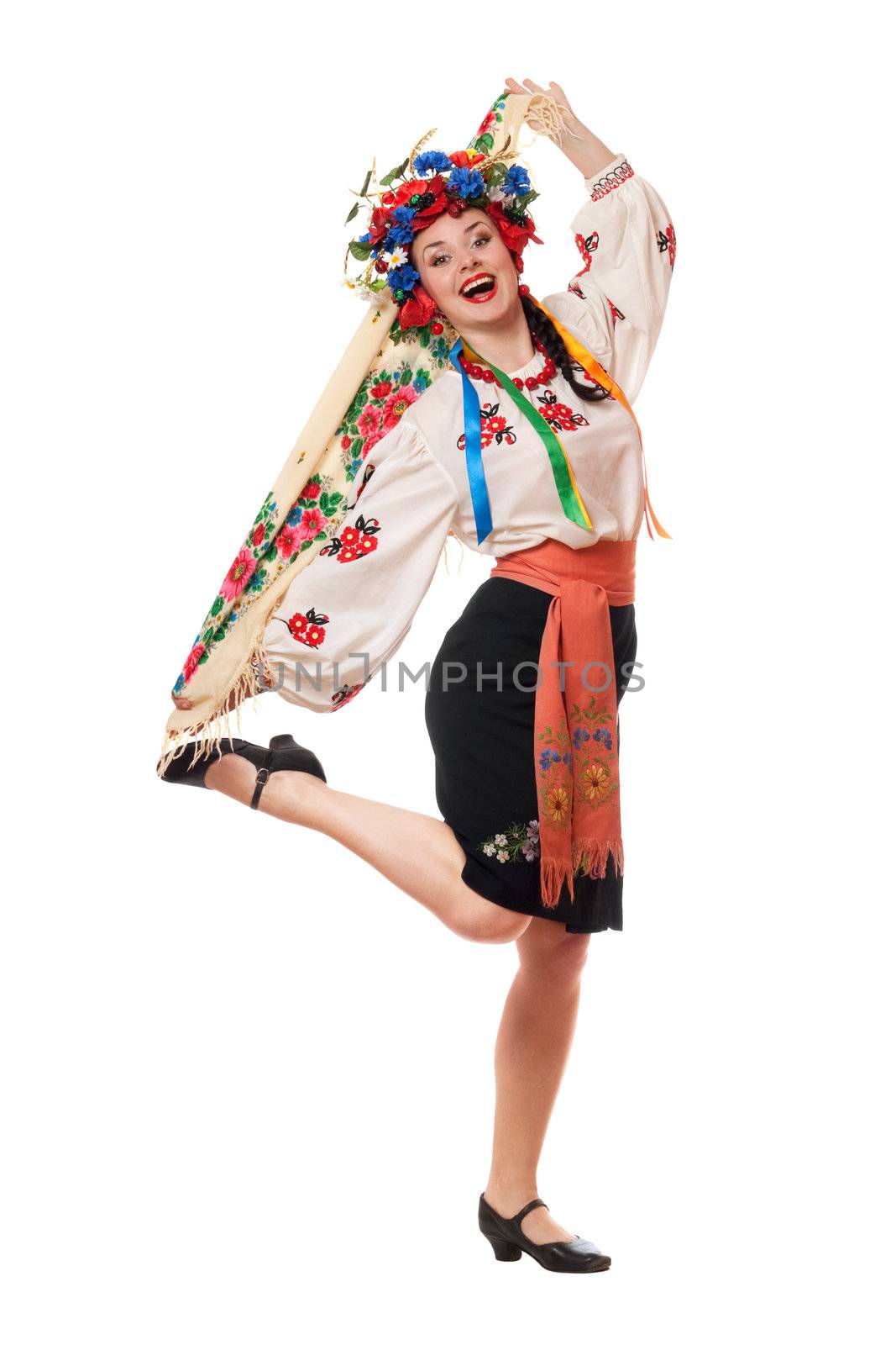 Joyful attractive woman in the Ukrainian national clothes