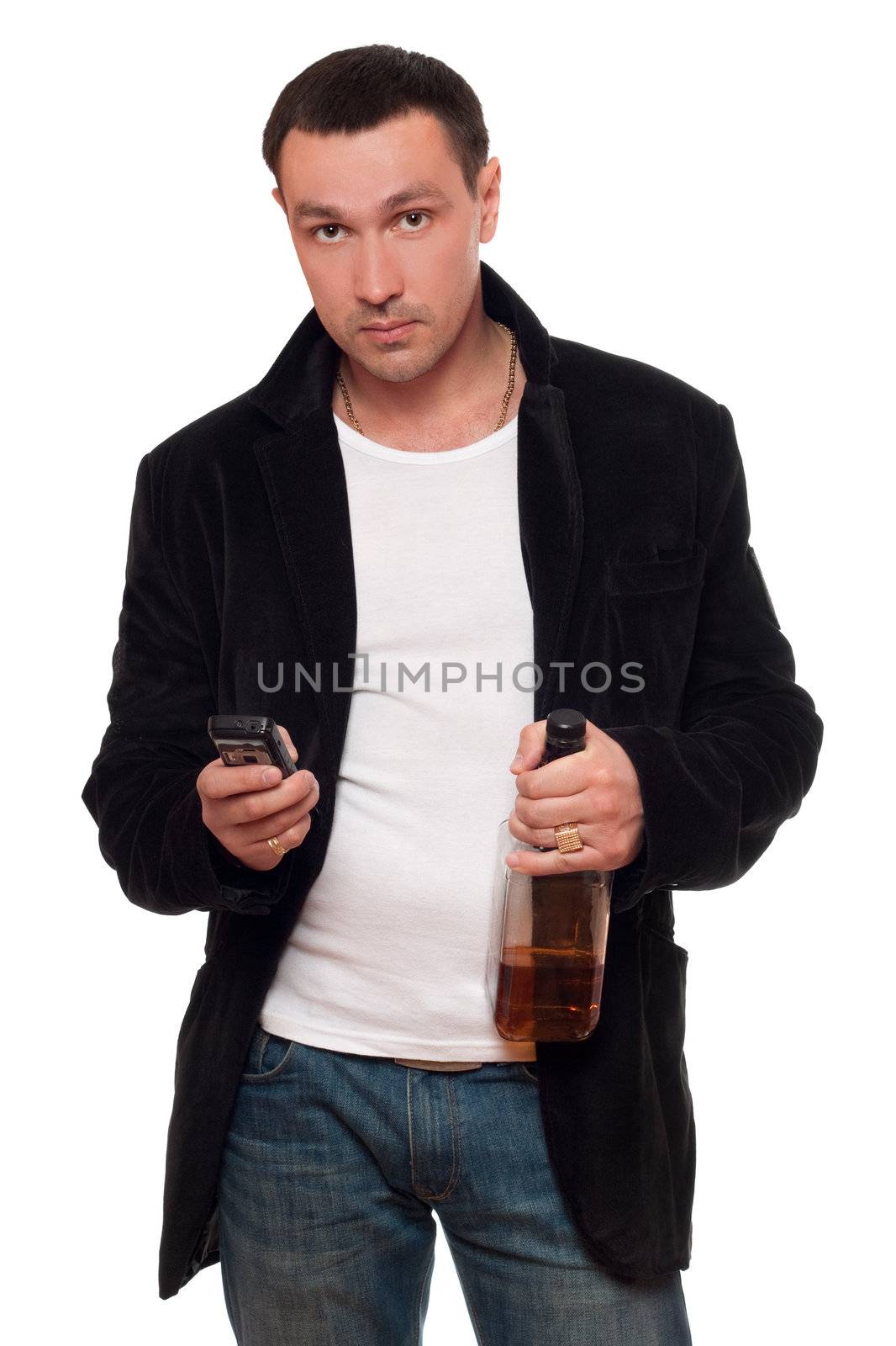 Man with a phone and bottle of scotch. Isolated