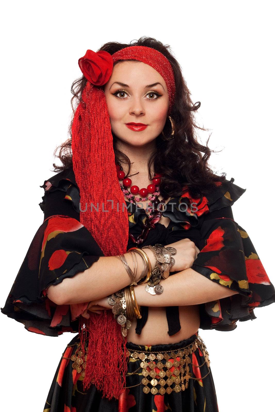 Portrait of sensual gypsy woman. Isolated on white