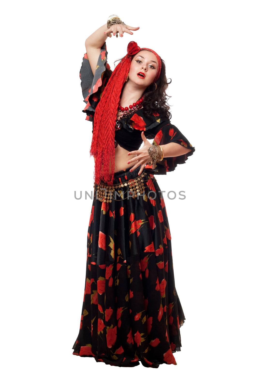 Expressive gypsy woman in a black skirt. Isolated by acidgrey