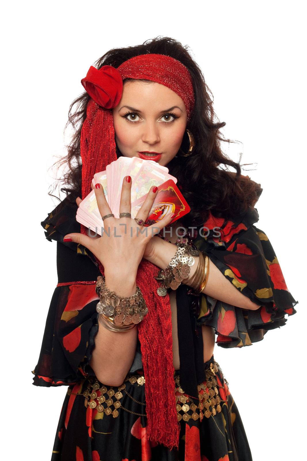 Portrait of gypsy woman with cards. Isolated