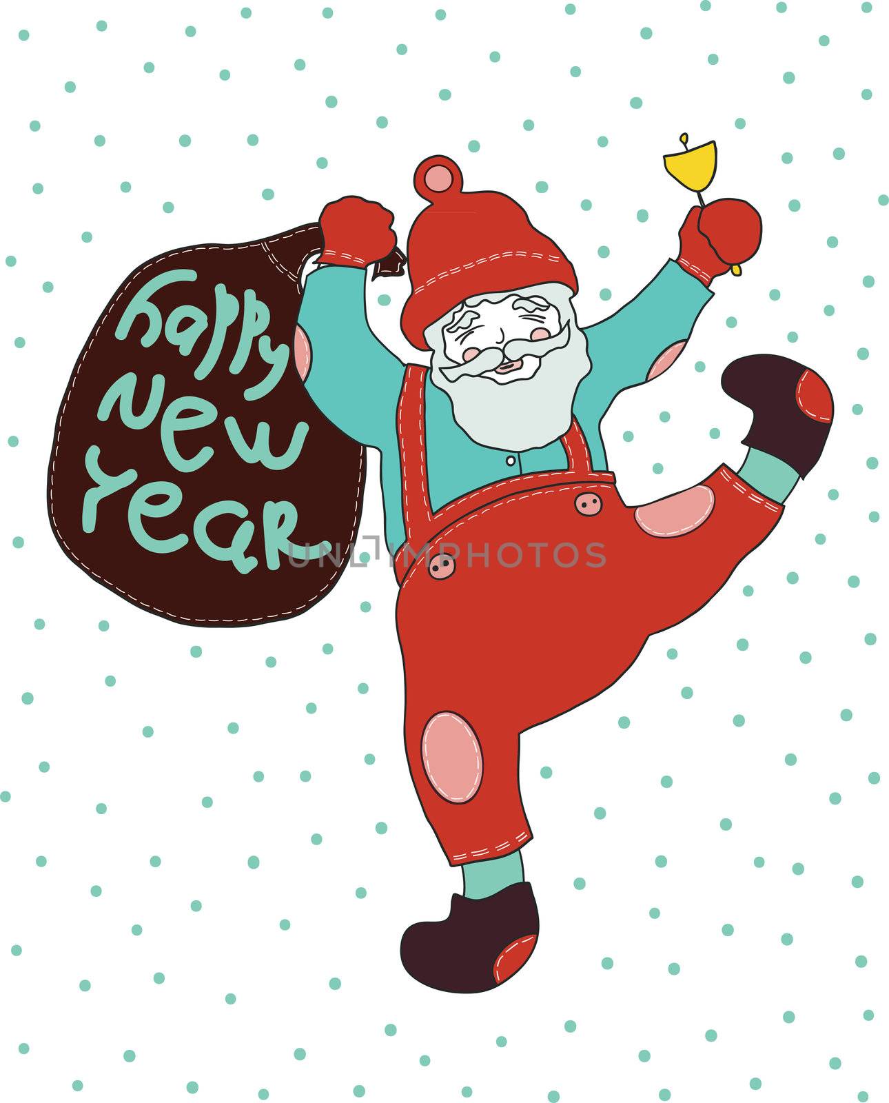 Cheerful Santa Claus celebrates new year. he calls in a hand bell and bears gifts