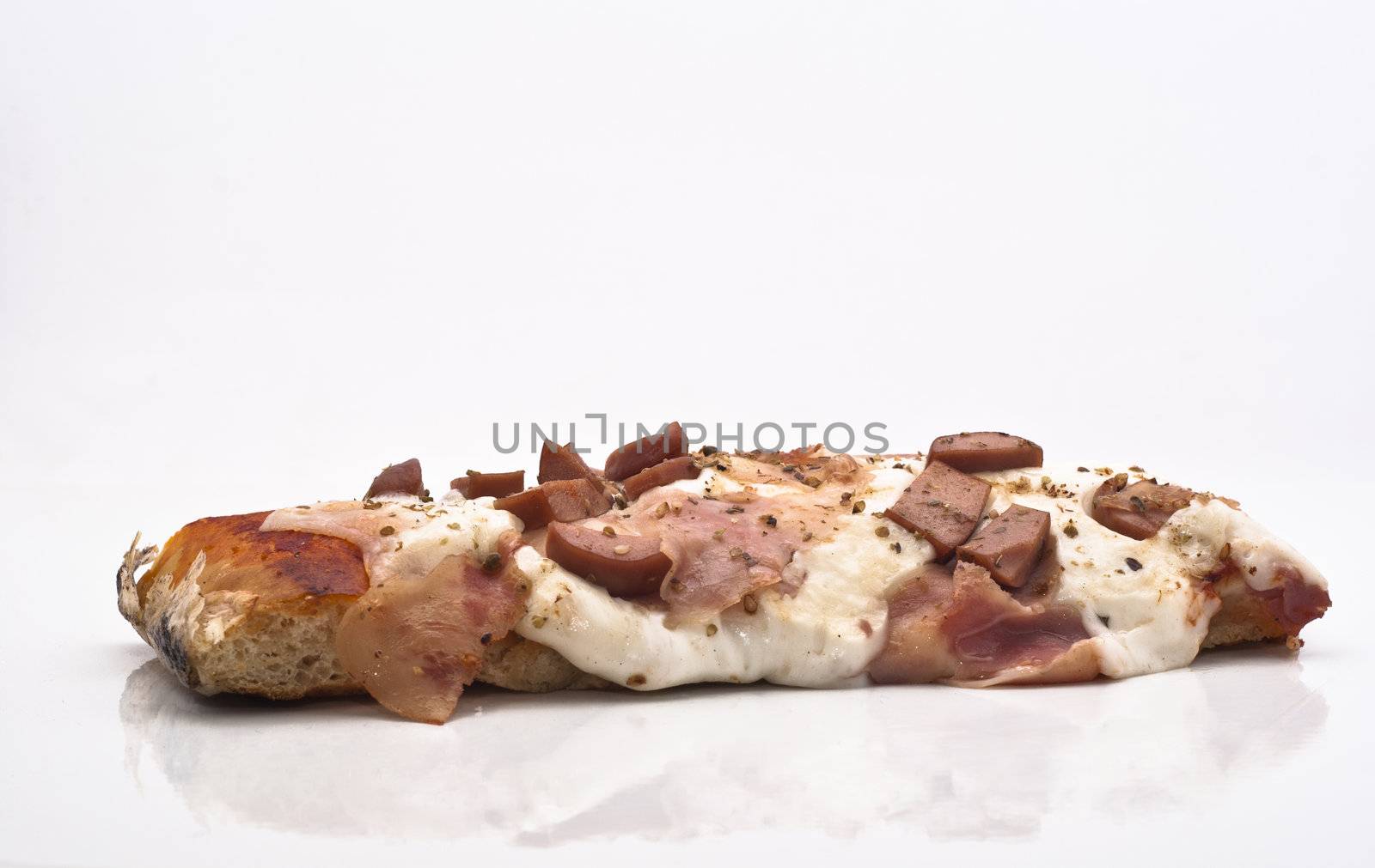 Sicilian rotisserie. Pizza with sausages isolated on white.