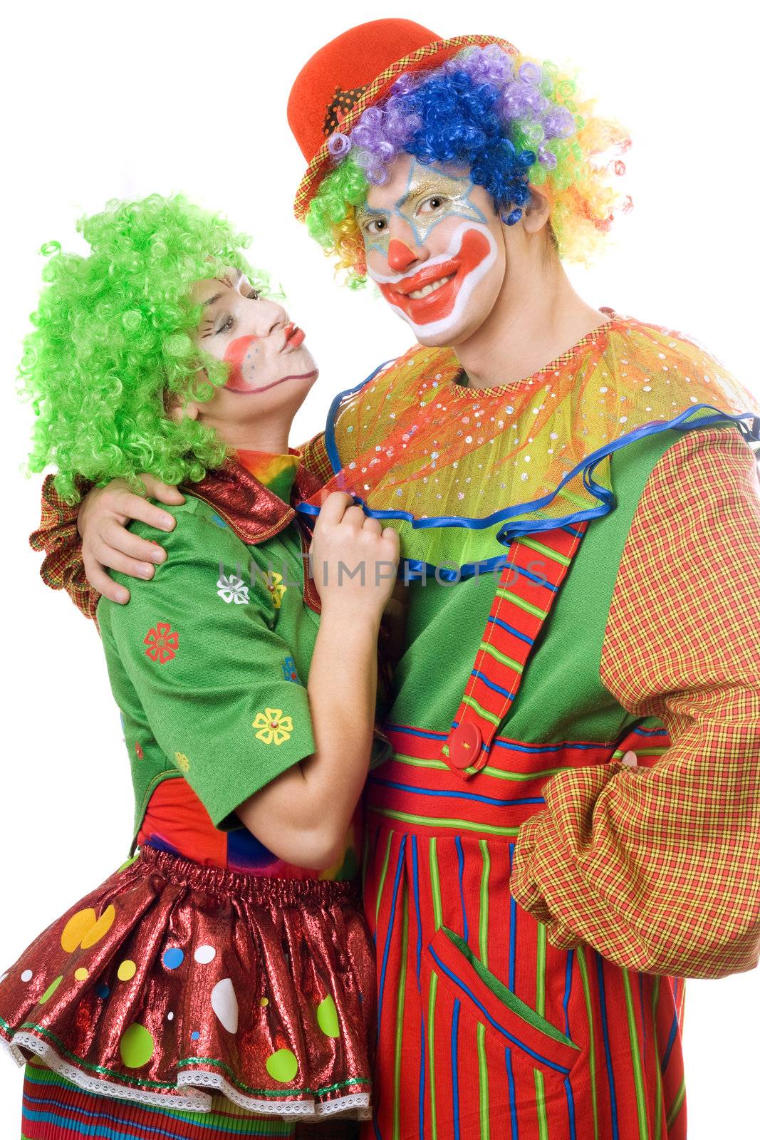 Couple of colorful clowns. Isolated on white