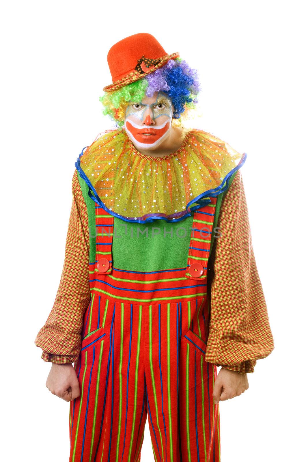 Portrait of a ferocious clown. Isolated on white
