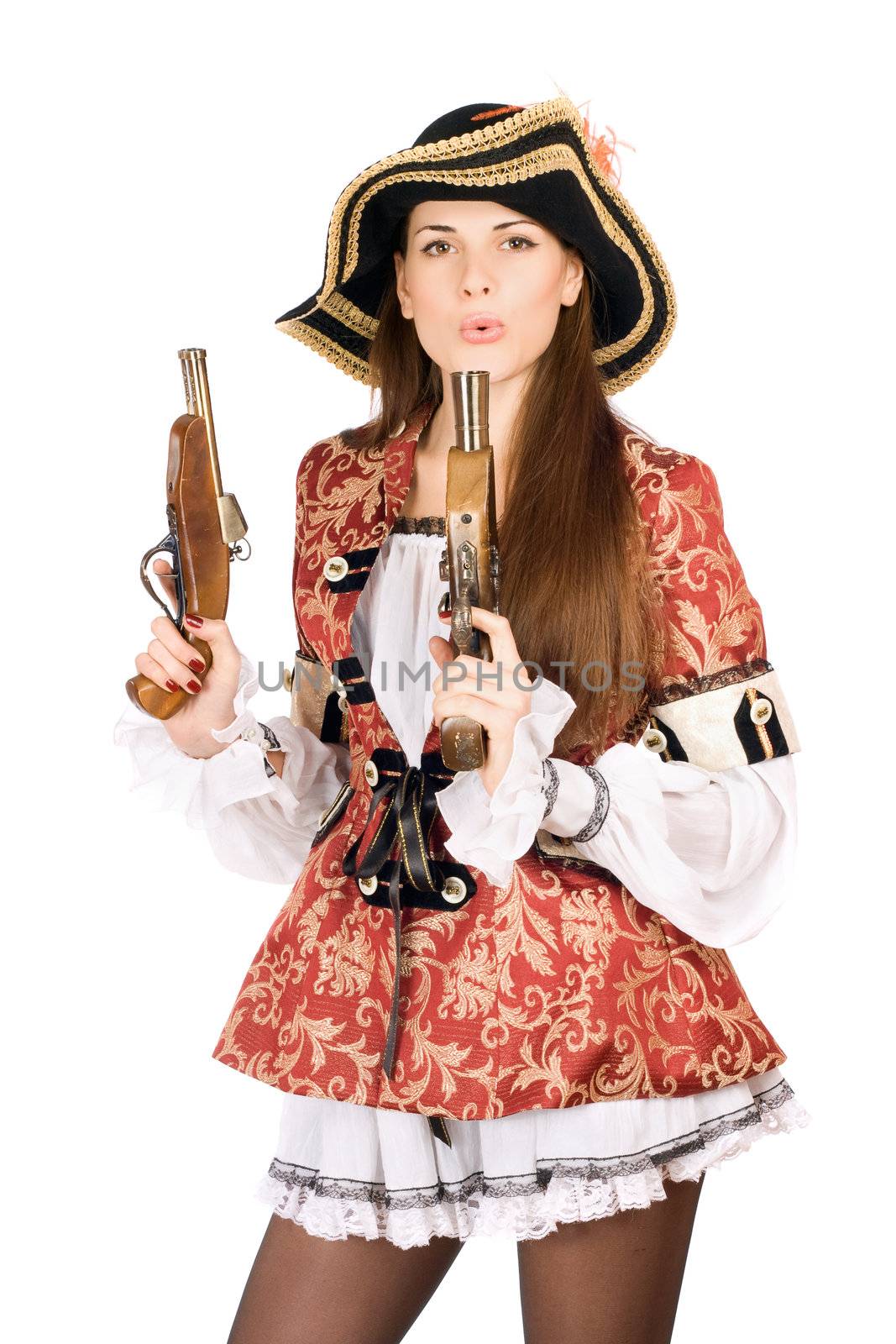 Young pretty woman with guns dressed as pirates