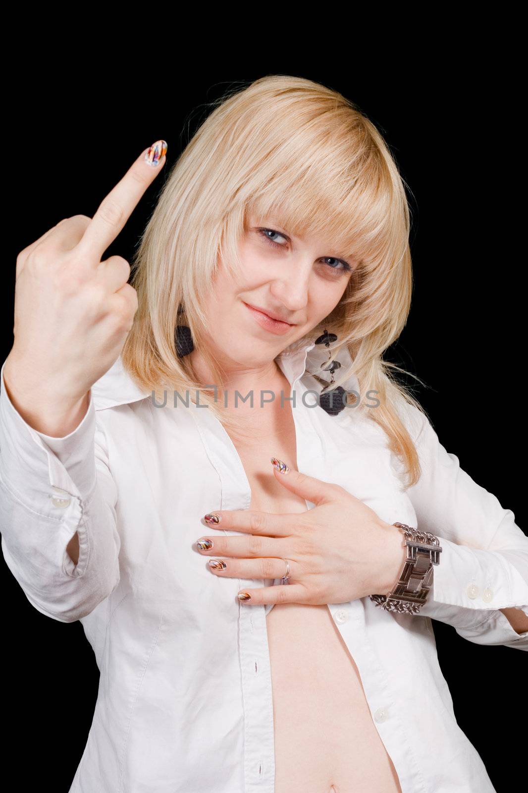 The young beautiful blonde, showing a middle finger