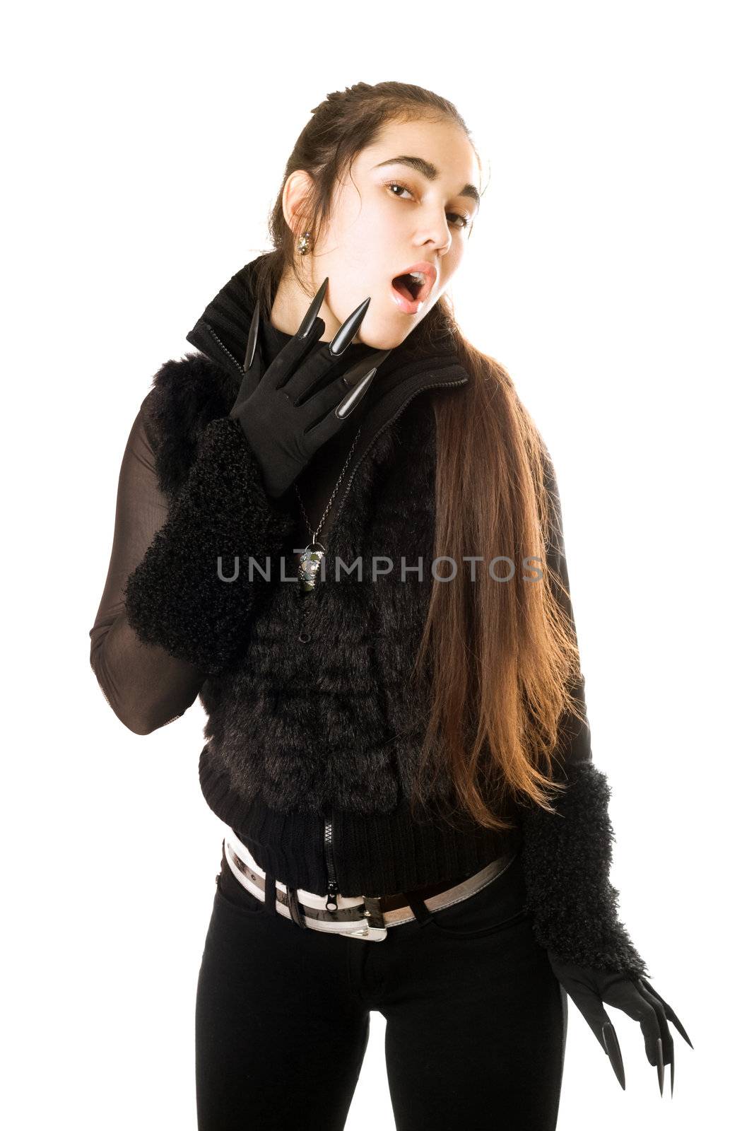 Portrait of pretty young brunette in gloves with claws