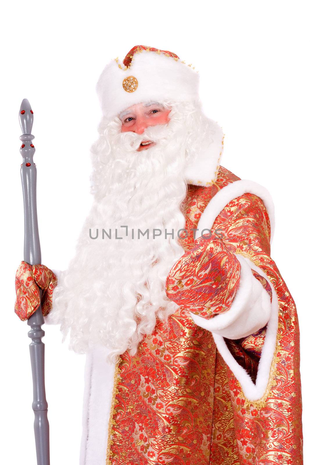 Portrait of a Russian Christmas character Ded Moroz (Father Frost). Isolated on white