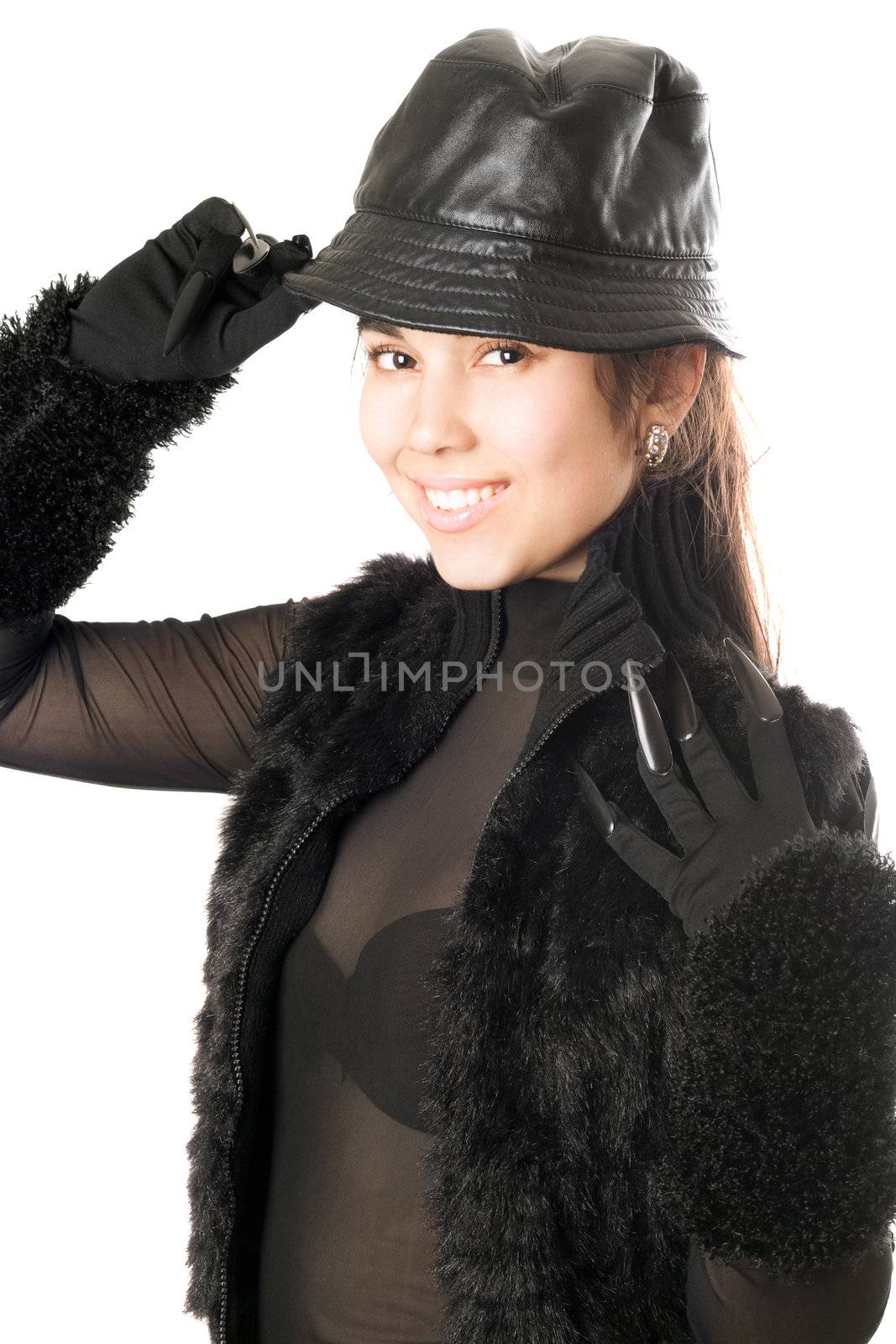 Portrait of smiling girl in gloves with claws. Isolated
