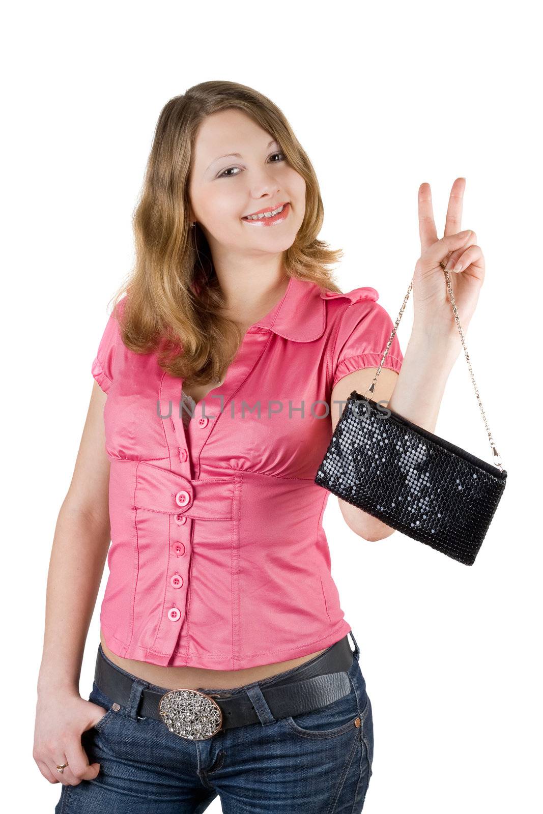 Beautiful smiling young woman with a handbag. Isolated
