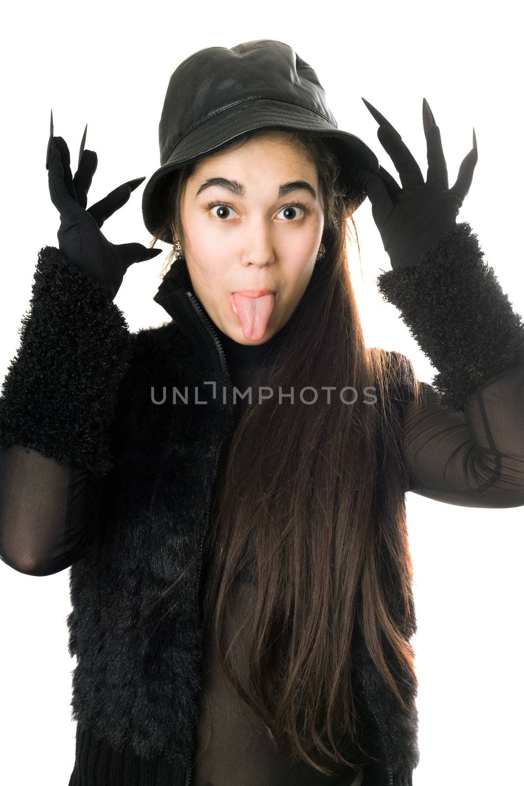 Funny girl in gloves with claws. Isolated on white