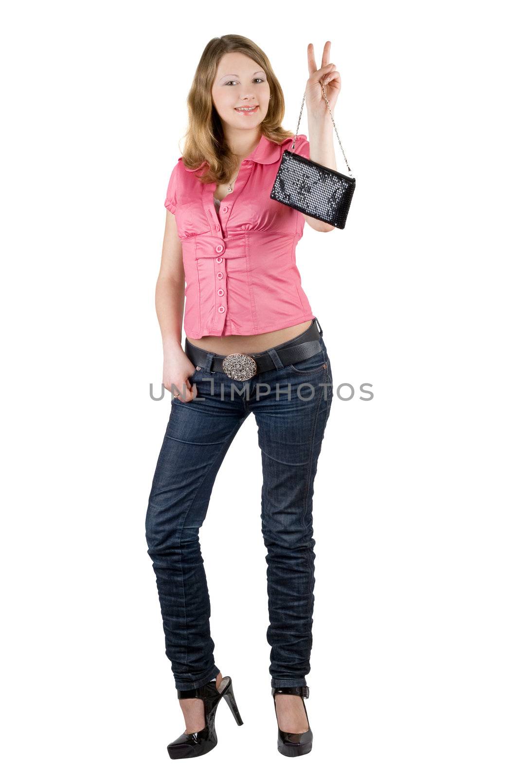 Beautiful smiling girl with a handbag. Isolated on white
