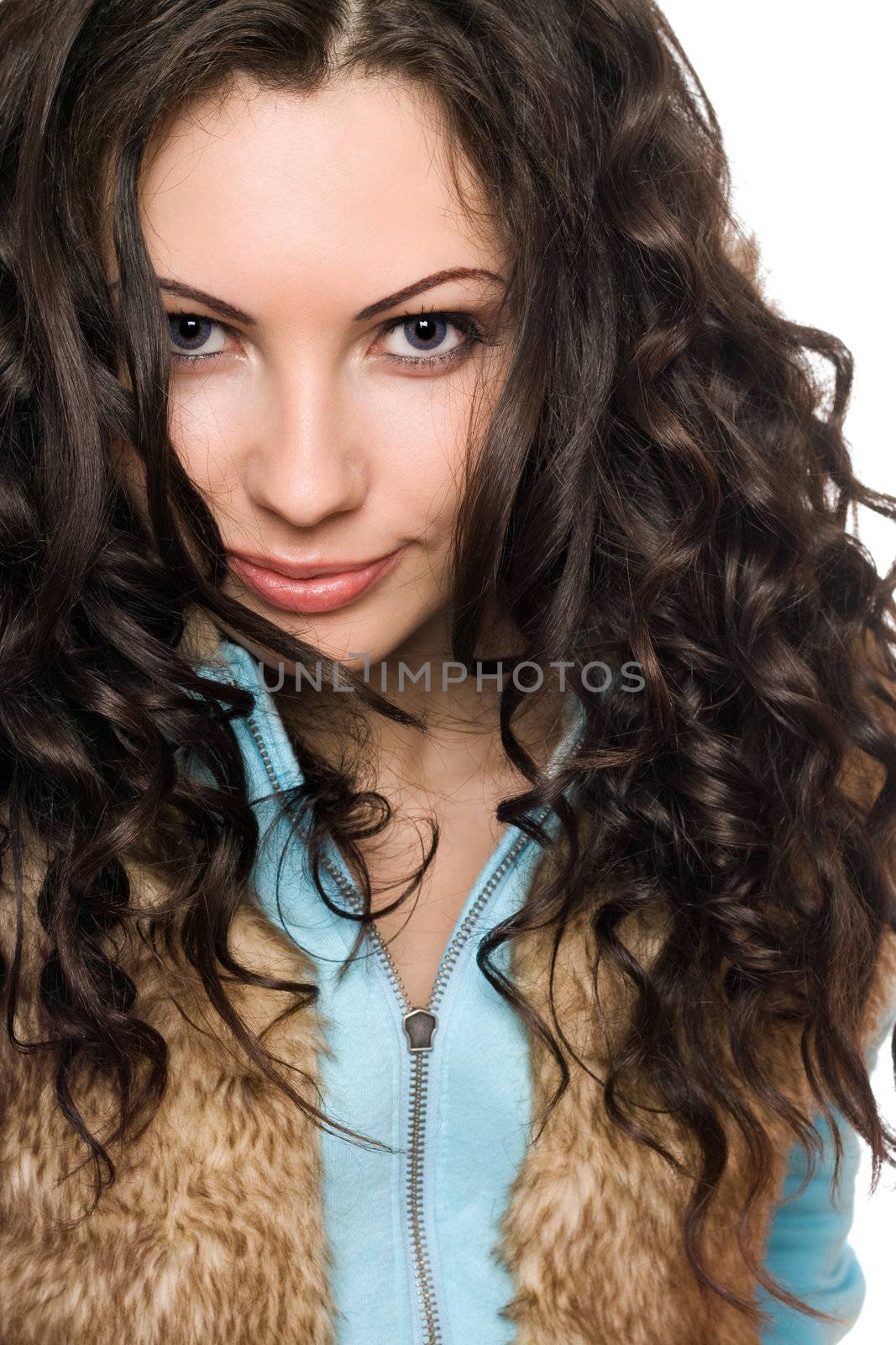 Closeup portrait of playful young brunette. Isolated on white