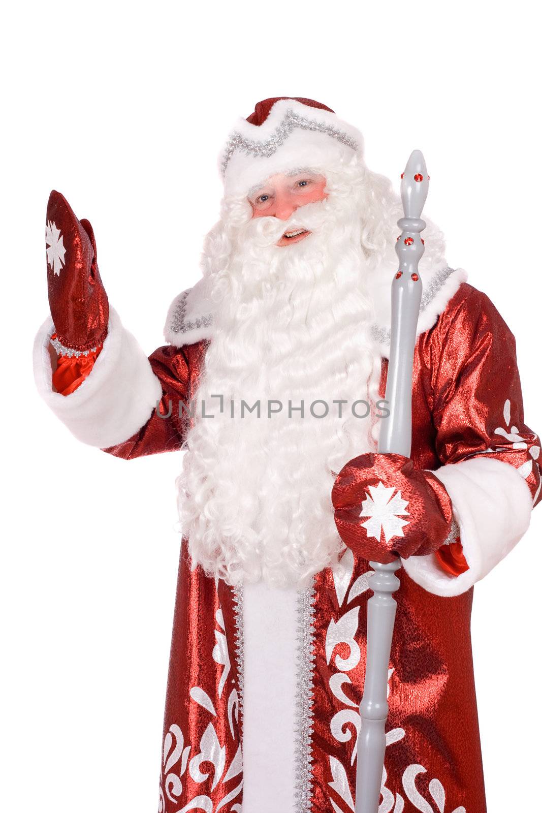 Portrait of a Ded Moroz (Father Frost) with the stick in his hands. Isolated