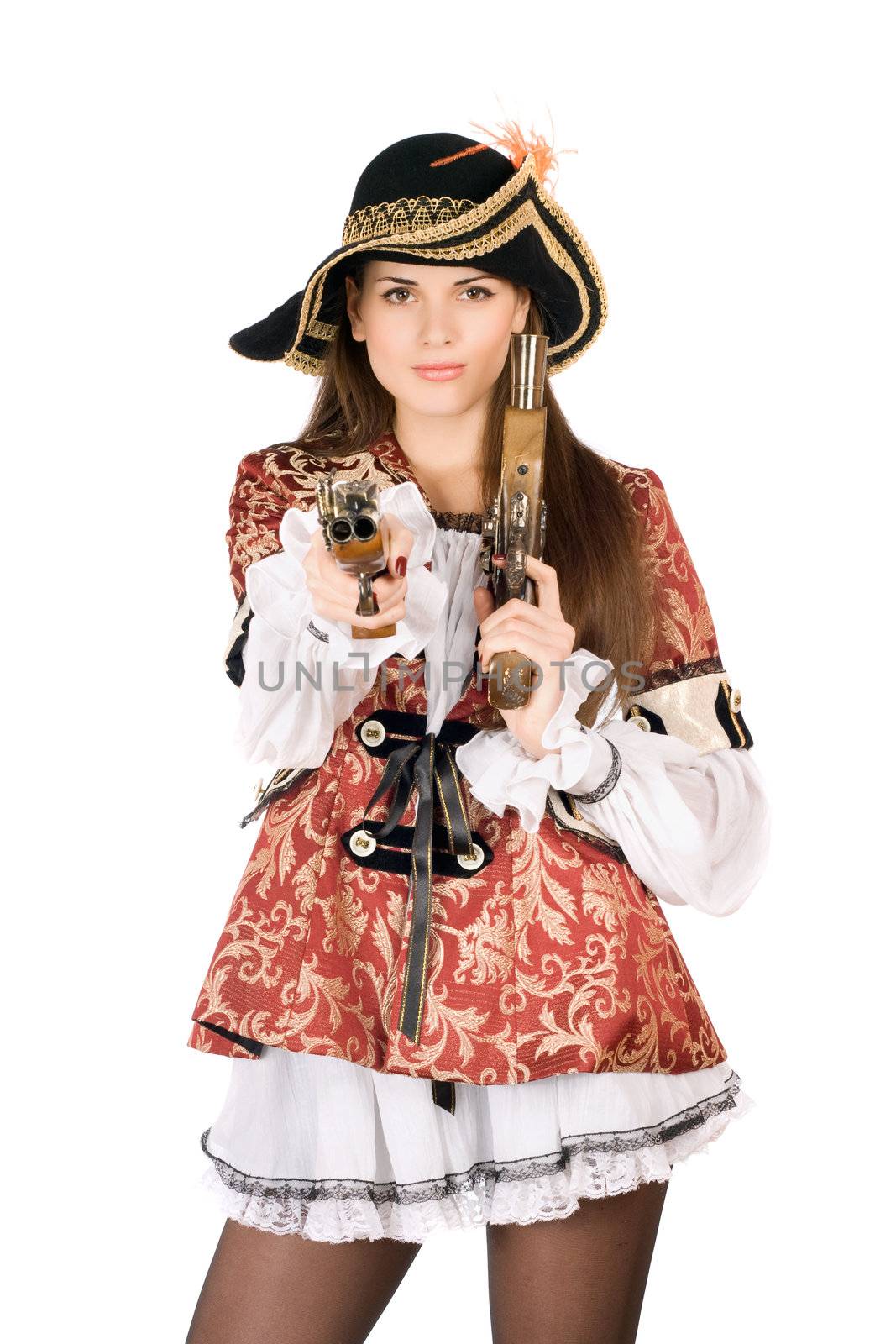 Young nice woman with guns dressed as pirates