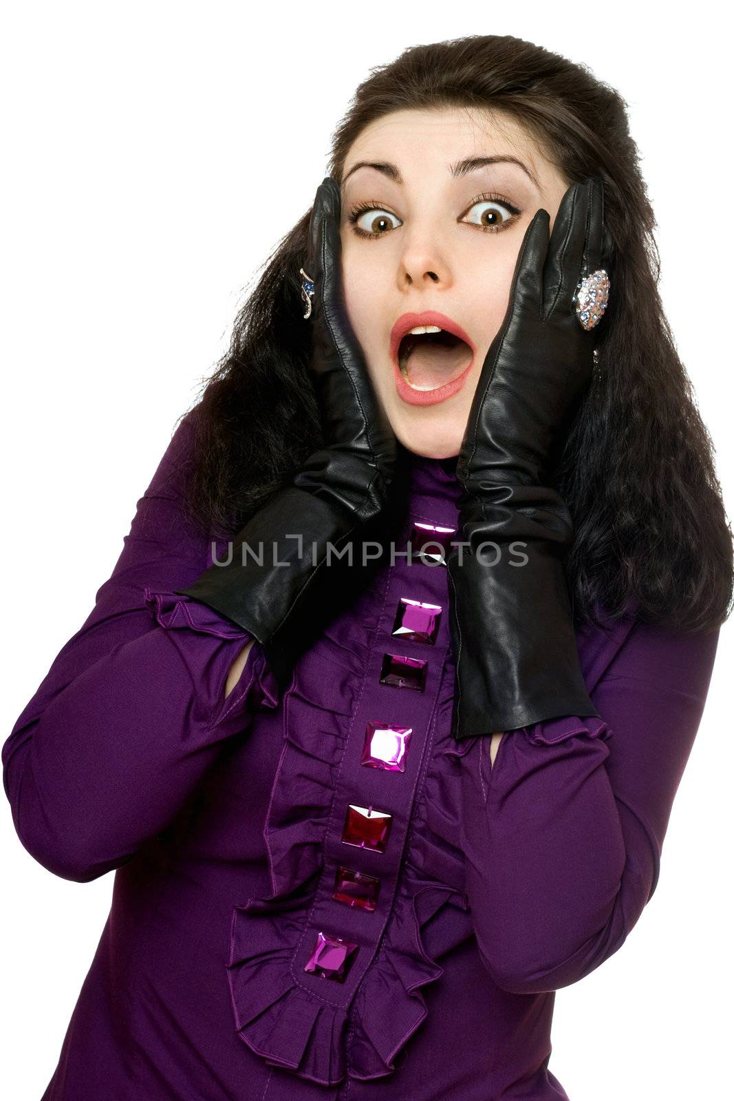 Portrait of frightened young woman. Isolated on white