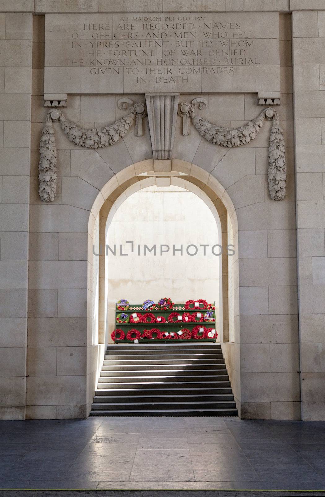 Inside the Menin Gate in Ypres, Belgium.  The gate is dedicated to the British and Commonwealth soldiers who were killed in the Ypres Salient of World War I and whose graves are unknown.