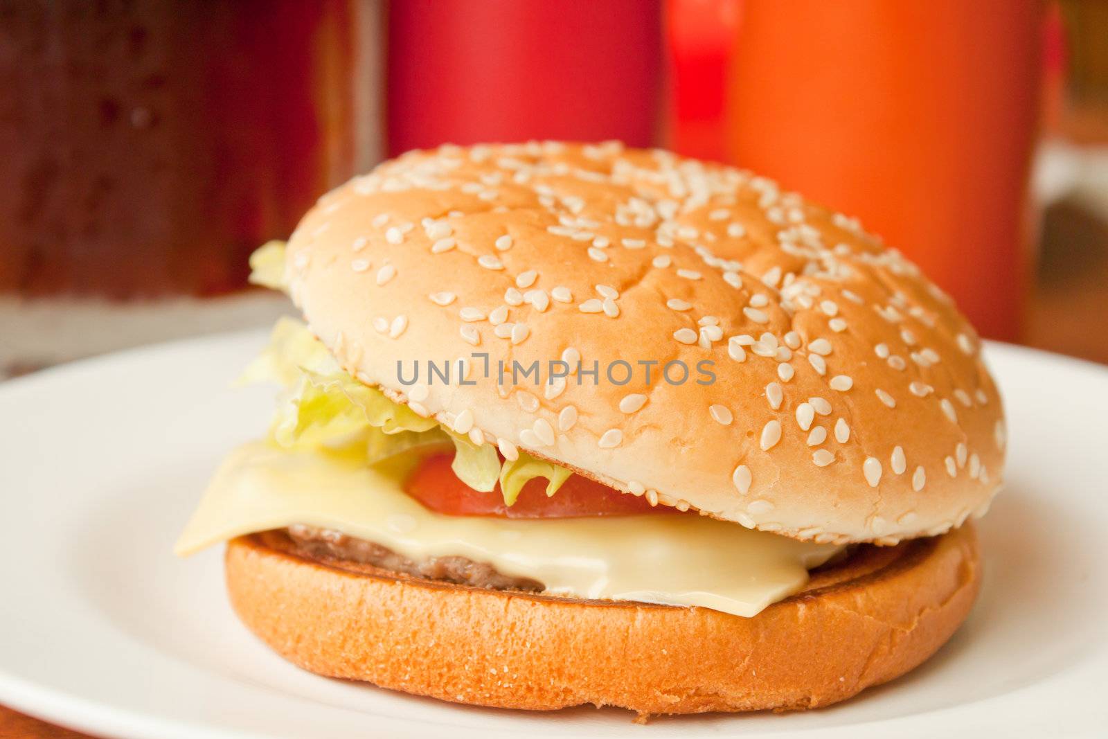Chesse burger in white plate, shallow depth of field