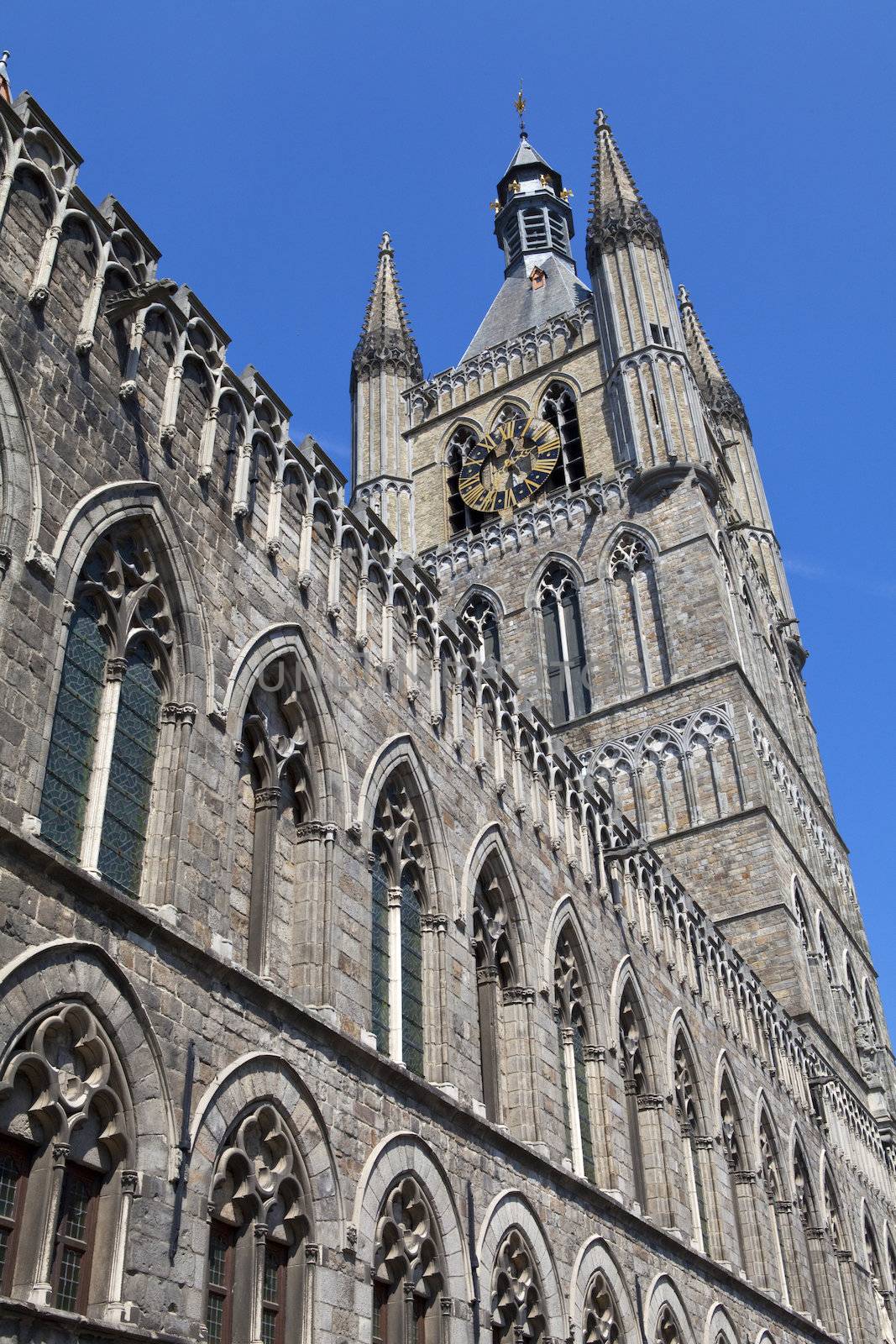 Looking up at Cloth Hall in Ypres, Belgium.