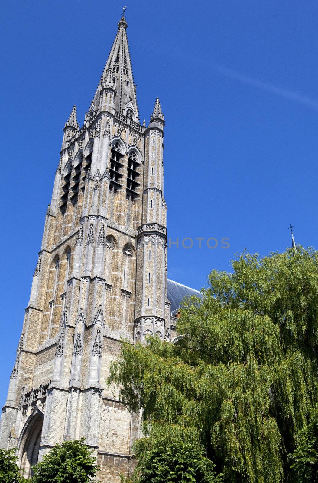 Looking up at the impressive St. Martin's Cathedral in Ypres, Belgium.