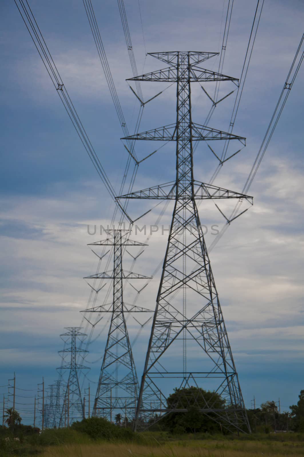 Big electric post in evening scene