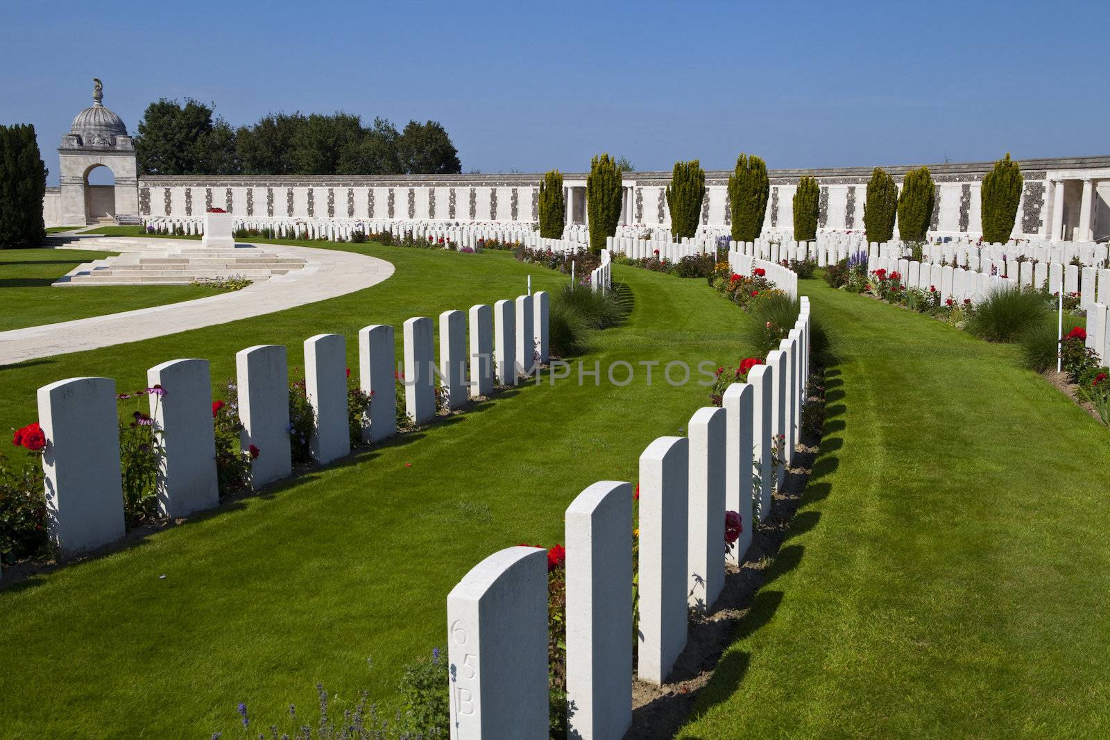 Tyne Cot Cemetery in Ypres, Belgium.  Tyne Cot Commonwealth War Graves Cemetery and Memorial to the Missing is a Commonwealth War Graves Commission (CWGC) burial ground for the dead of the First World War in the Ypres Salient on the Western Front.