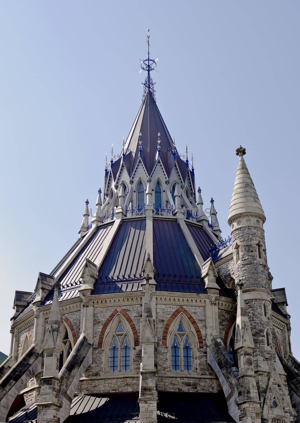 A closeup of the Library of Parliament with small tower on the side in Ottawa, Canada.