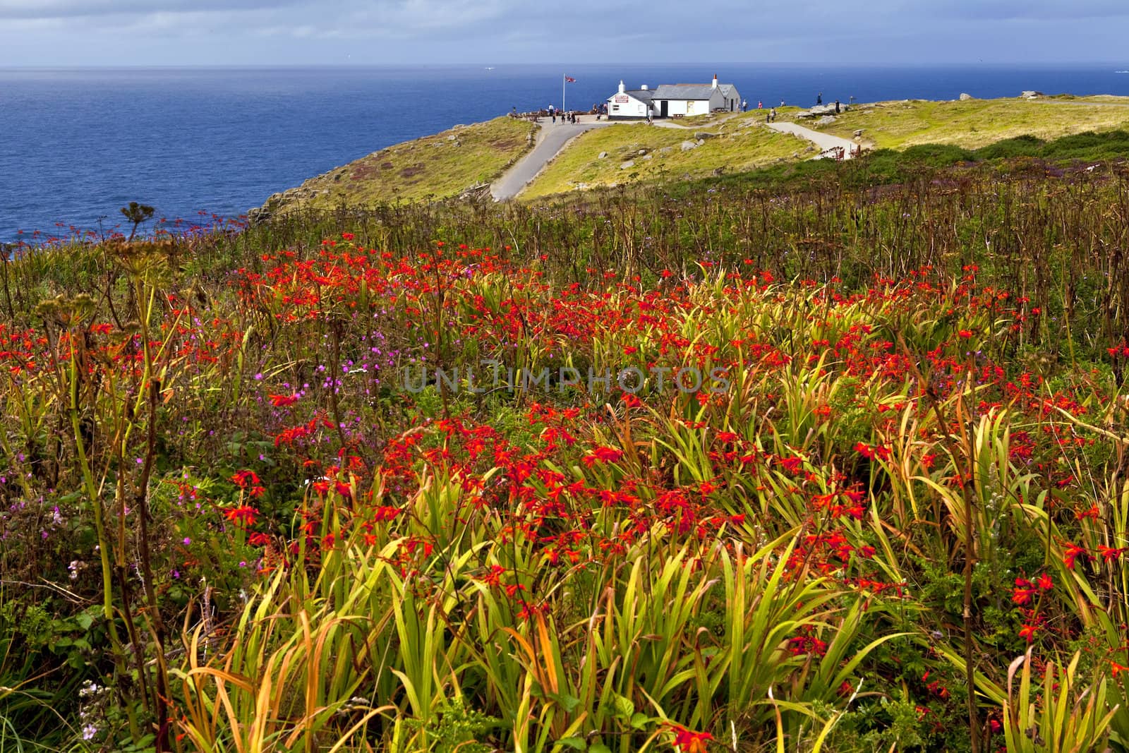 The beautiful scenery at Land's End in Cornwall, England.  the first and last Refreshment House in England can be seen in the distance.