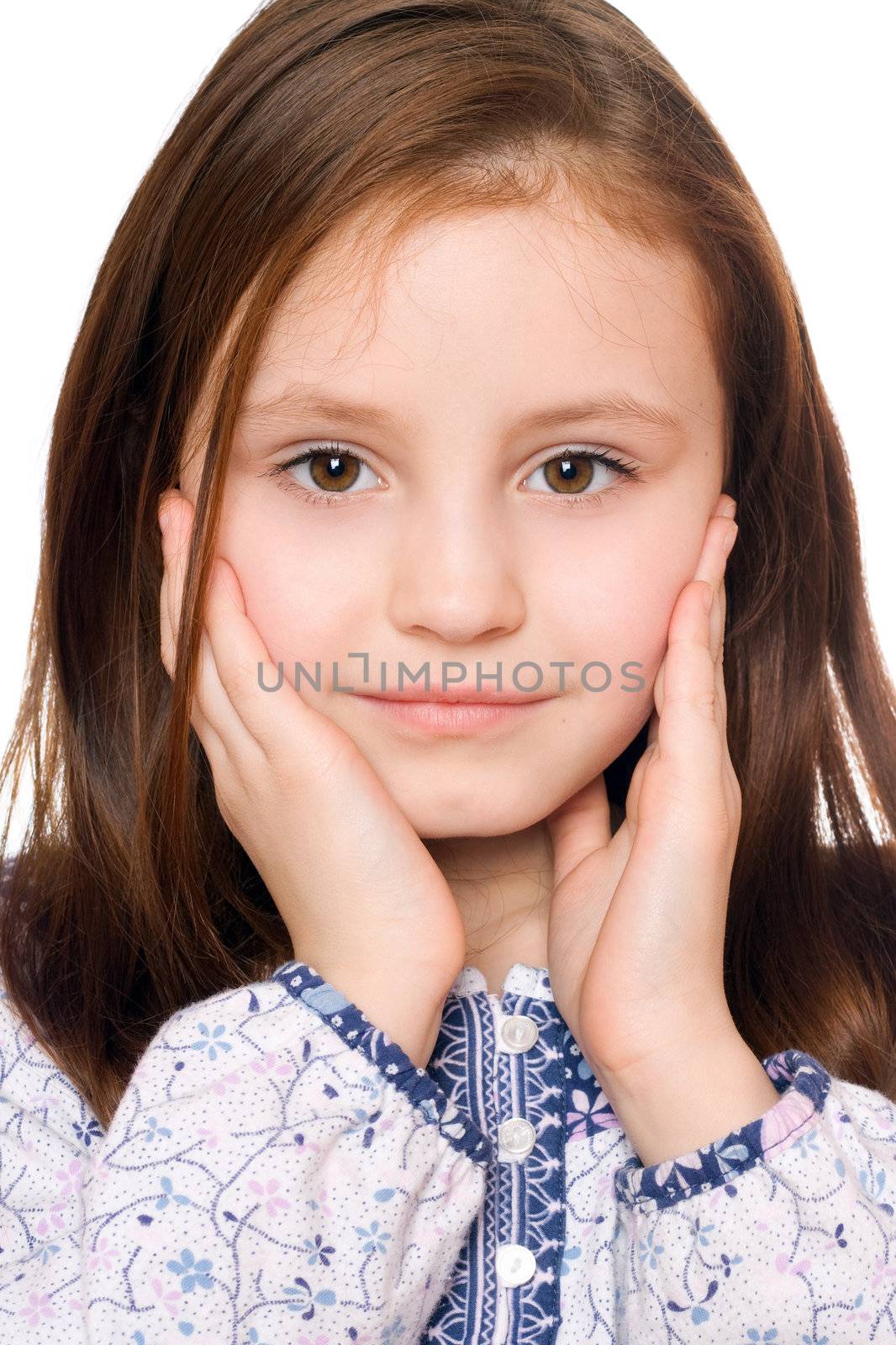 Portrait of charming little girl. Isolated on white