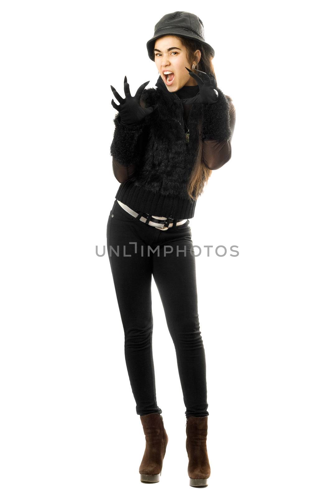 Expressive young brunette in gloves with claws