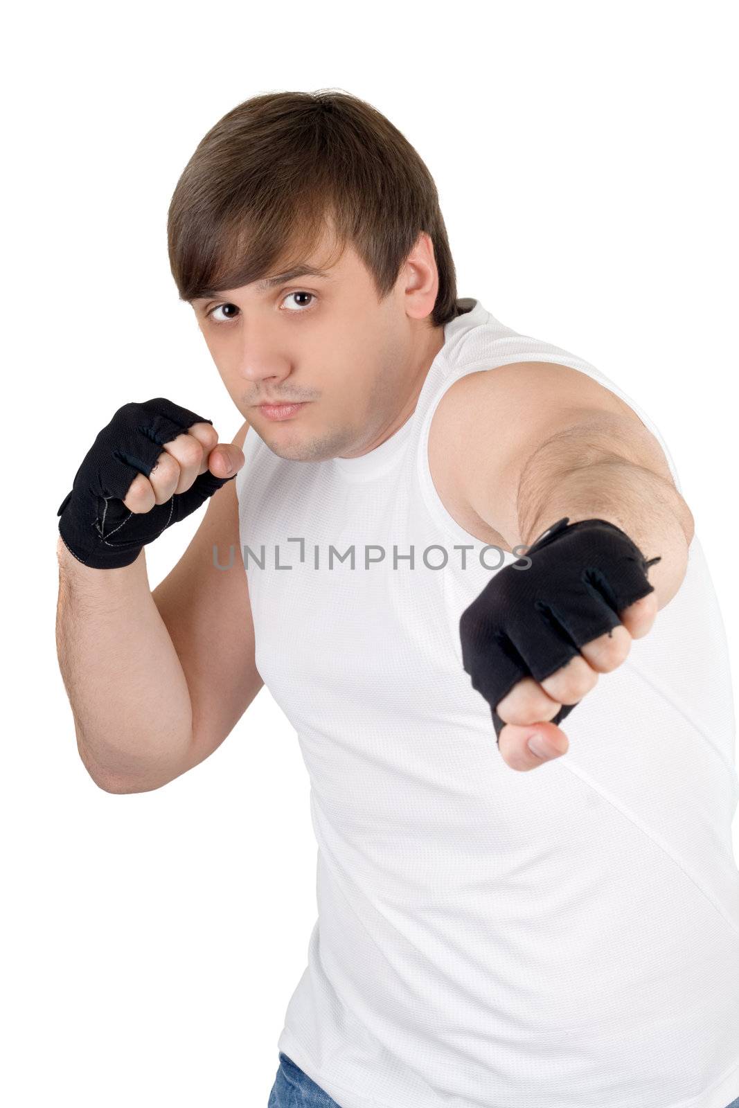 Portrait of the young fighter. Isolated on white