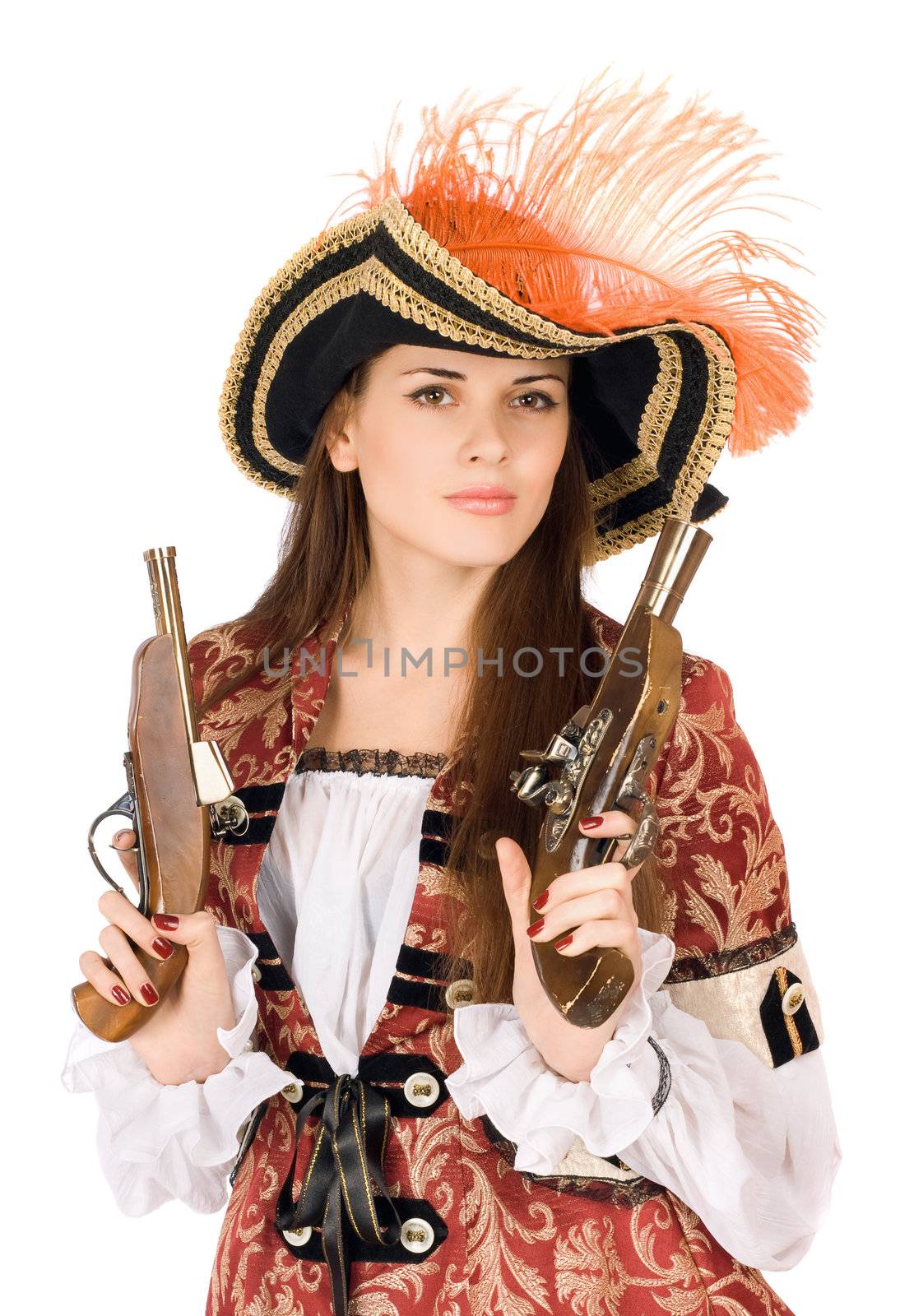 Nice young woman with guns dressed as pirates