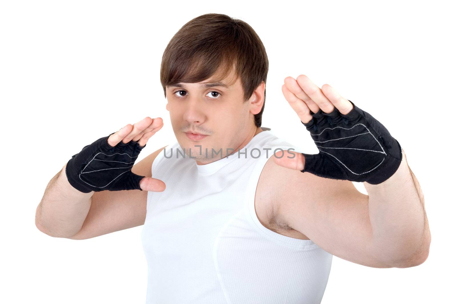 Portrait of the young fighter. Isolated on white background