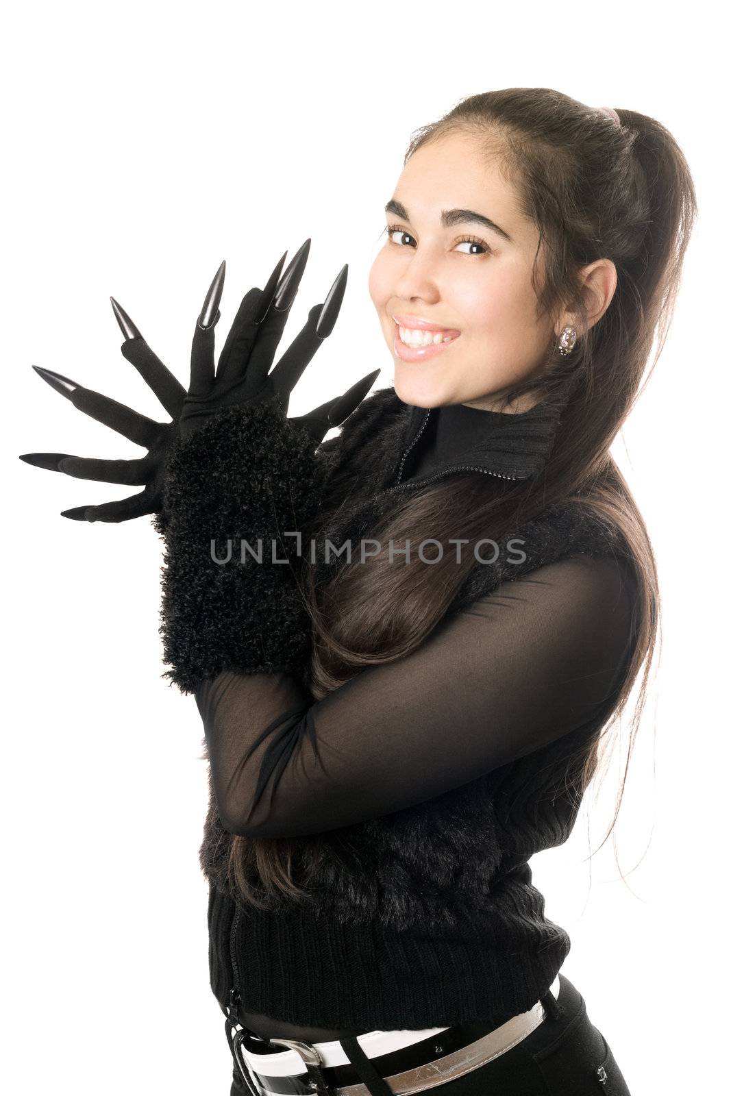 Portrait of cheerful young woman in gloves with claws