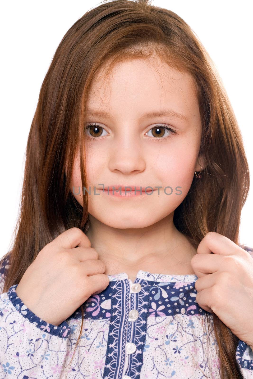 Portrait of pretty little girl. Isolated on white
