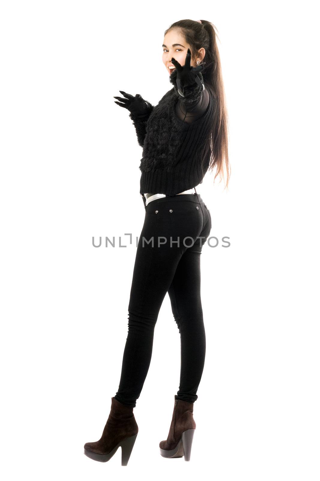 Playful girl in gloves with claws. Isolated